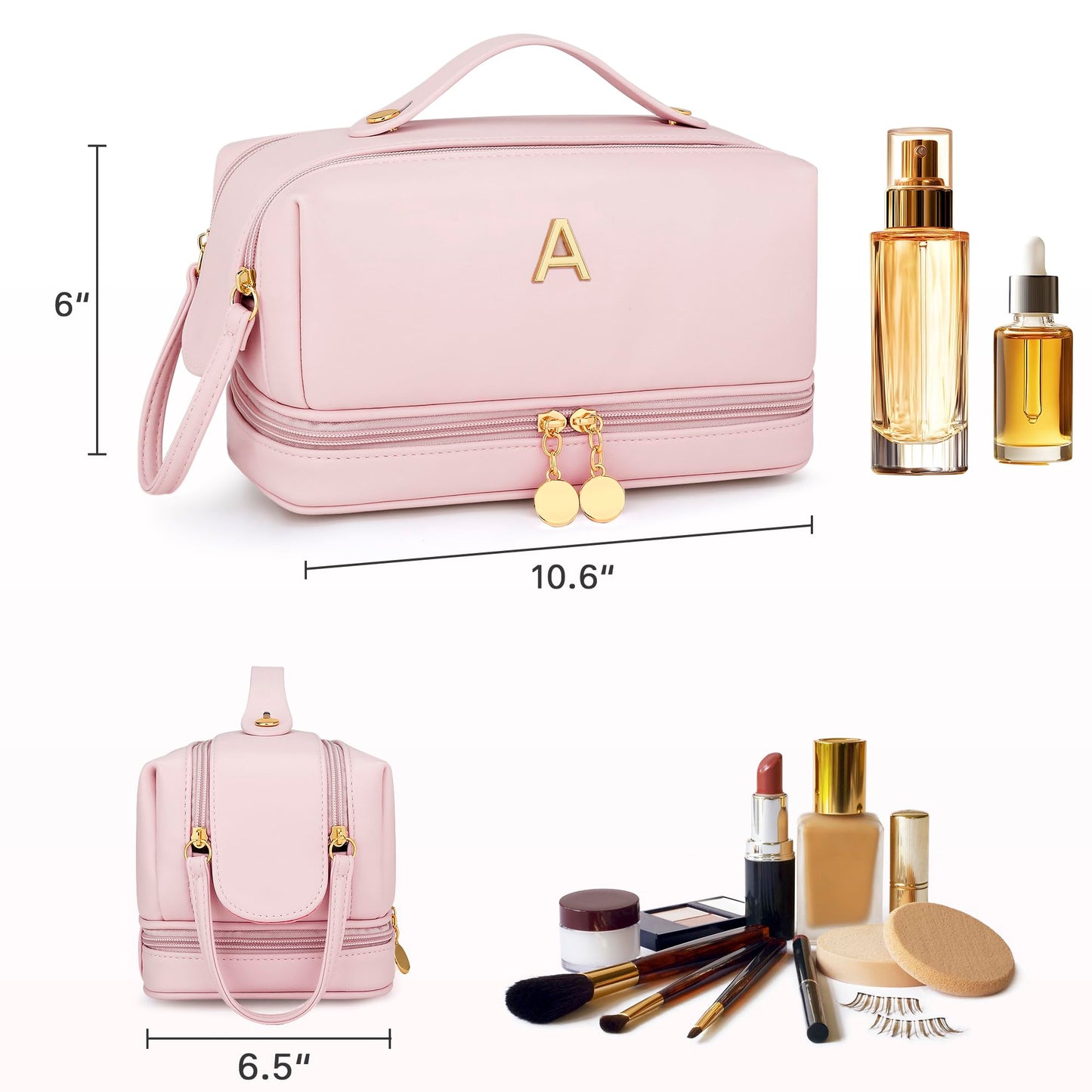 CLOUDWINGS Gifts for Women Birthday Gifts Initial Makeup Bag for Women Personalized Large Capacity Travel Toiletry Bag Cosmetic Bag Gifts for Mom-Graduation Gift for Teens Girls (Pink A)