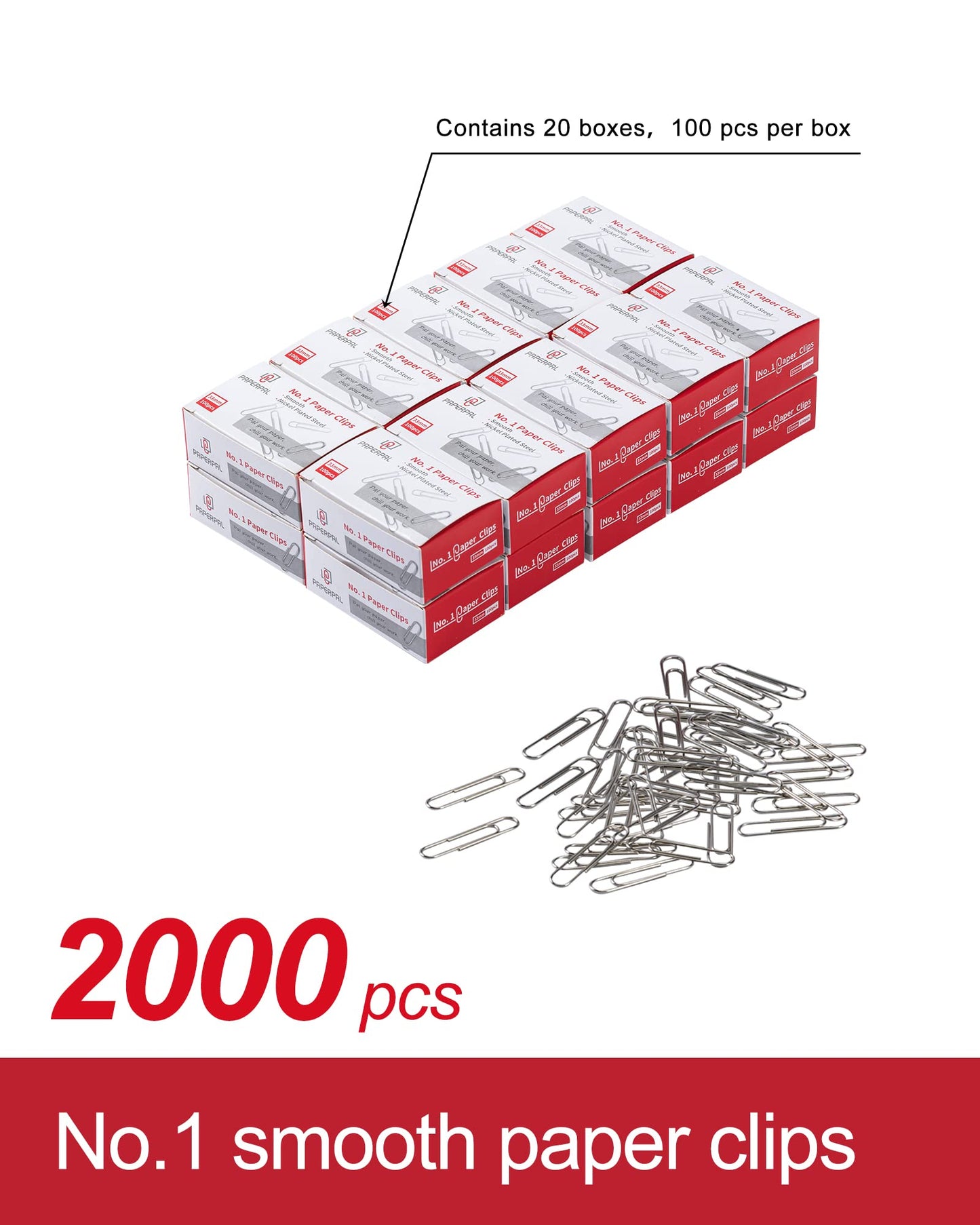 PAPERPAL Paperclips for Office School & Personal Use, #1 Smooth Paper Clip (1-2/7"), 2000 Medium Paper Clips (20 Boxes of 100 Each), Silver
