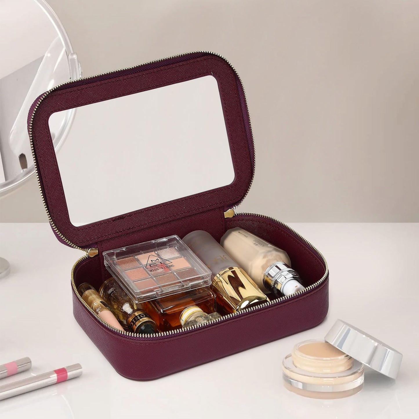 LOFOWN Clear Makeup Bag Small Cosmetic & Toiletry Bag Waterproof Travel Case Women's Pouch Organizer Makeup Bag for Car with Zipper (Burgundy, Small)