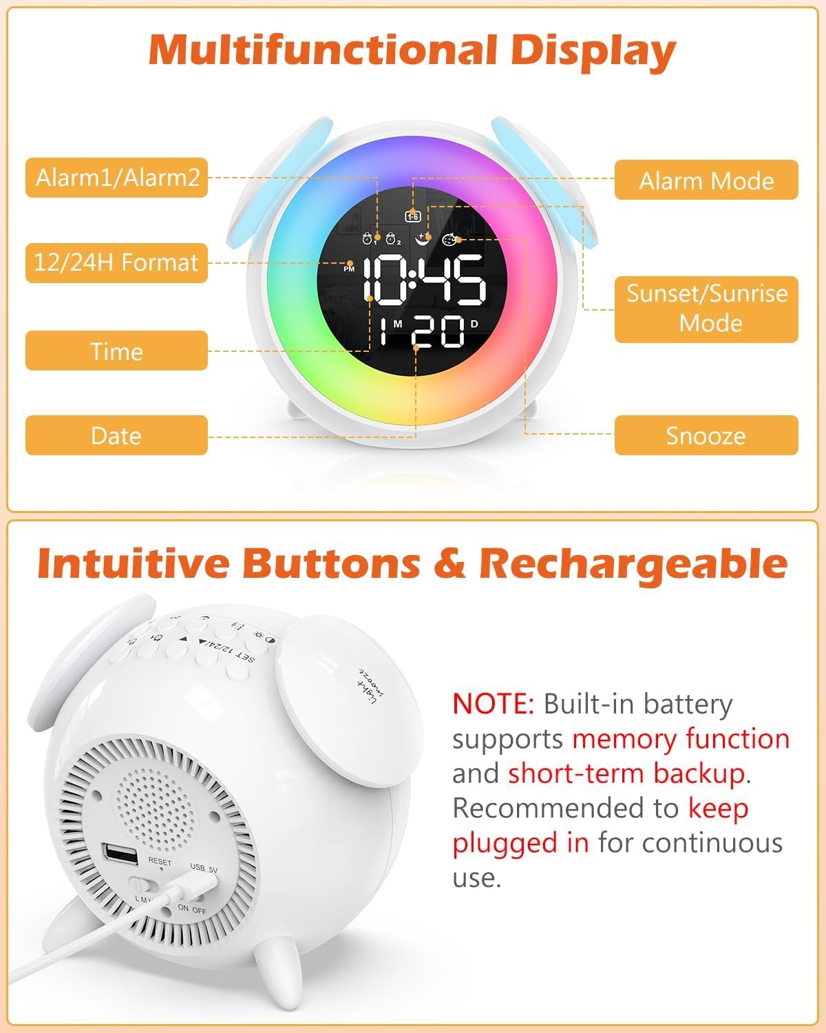 PENTASPI Alarm Clock for Kids, Ok to Wake Alarm Clock, Toddler Sleep Training Clock with Multi-Colors Night Light, 7 Ringtones, 3 Level Volumes, Dual Alarms, Snooze for Kids Girls Boys Adult