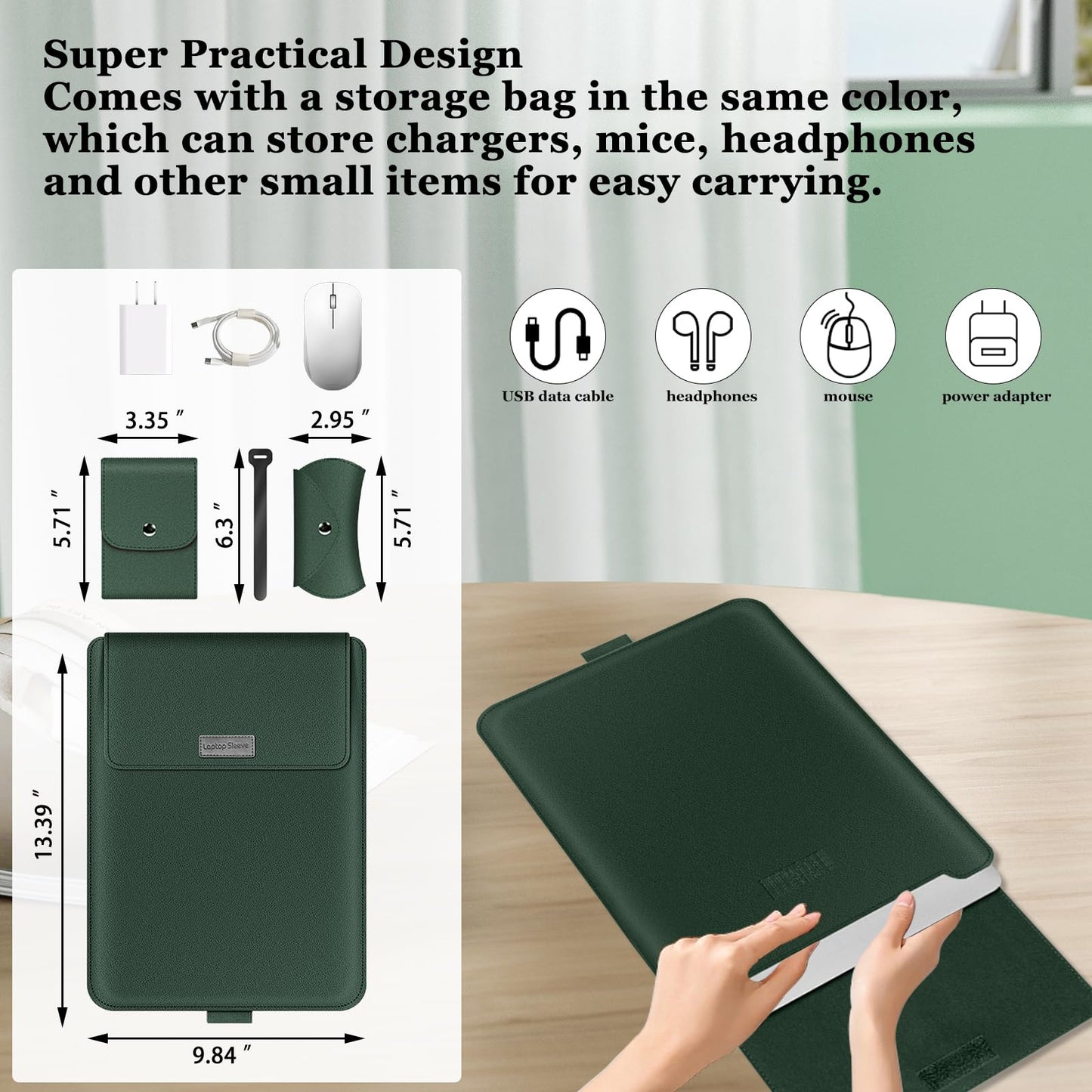 MokaZii 13-14 inch Laptop Sleeve Protective Case for MacBook Air/Pro 13-14" M5/M4/M3/M2/M1 (Pro/Max), [3 in 1] PU Leather Laptop Waterproof Slim Cover with Stand and Mouse for MacBook - Dark green