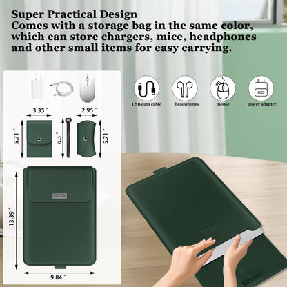 MokaZii 13-14 inch Laptop Sleeve Protective Case for MacBook Air/Pro 13-14" M5/M4/M3/M2/M1 (Pro/Max), [3 in 1] PU Leather Laptop Waterproof Slim Cover with Stand and Mouse for MacBook - Dark green