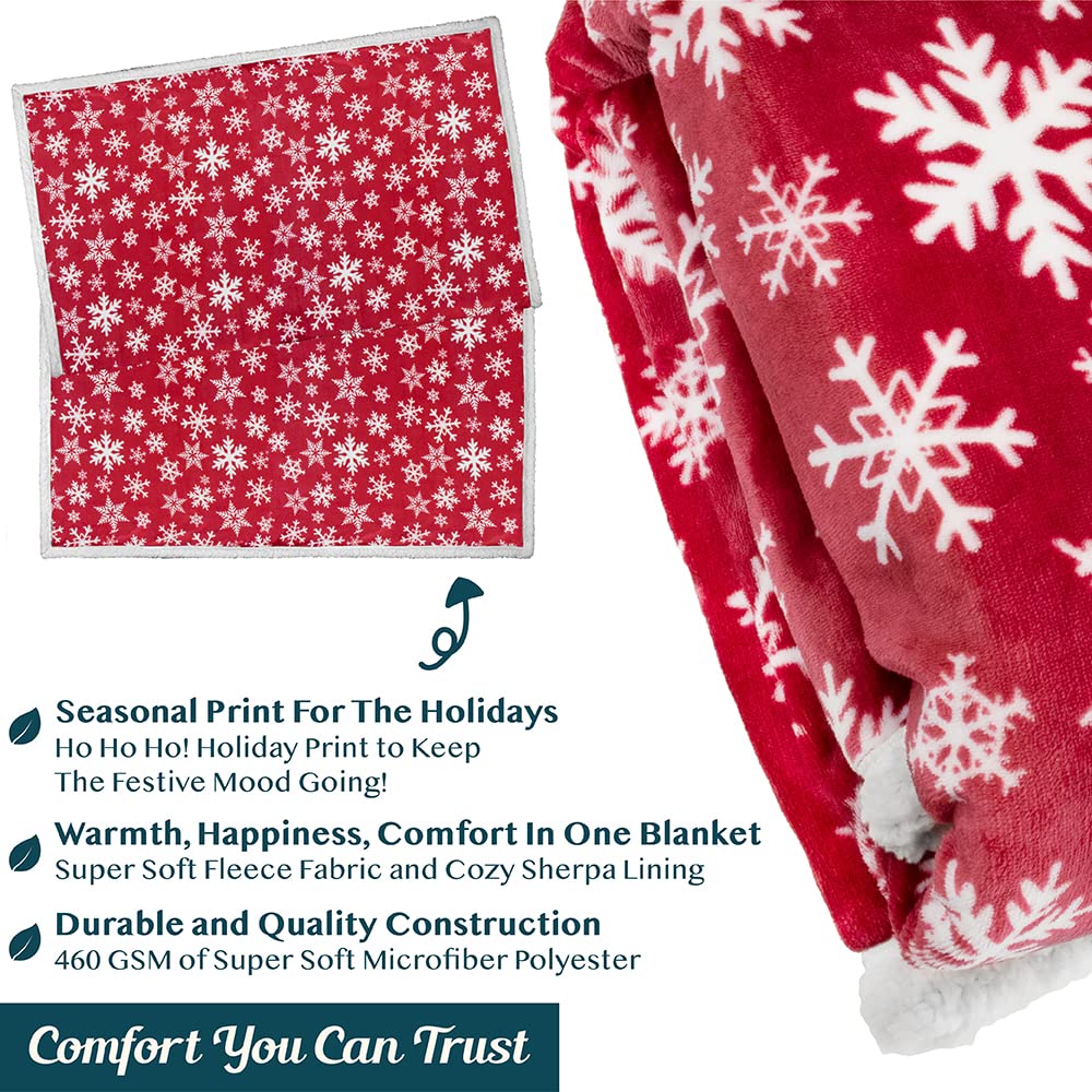 PAVILIA Red Snowflake Christmas Sherpa Throw Blanket, Ultra Soft Reversible Fleece Sherpa 50x60 Winter Blanket for Couch & Bed, Cozy Christmas Home Decor
