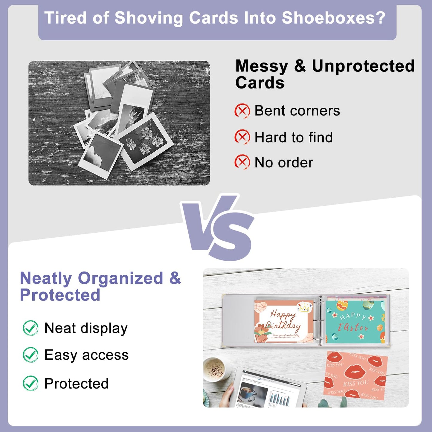 Greeting Card Storage Organizer, Insert One Opened Card per Sheet, D-Ring Binder Organizer for 4x6'' 5x7'' Birthday Christmas Cards, Linen Cover Card Keeper 100 Cards, Stickers, Photos Protection