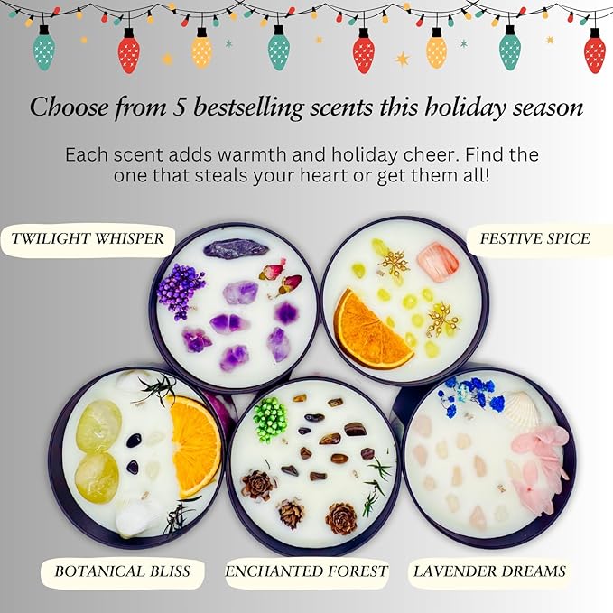 Moira's Bazaar Winter's Joy Gift Set – 16 Oz 50 Hr Scented Candle with Crystals & a Crochet Positive Penguin | Christmas, Holiday, or Motivational Gift, Artisanal Luxury Fragrances (Botanical Bliss)