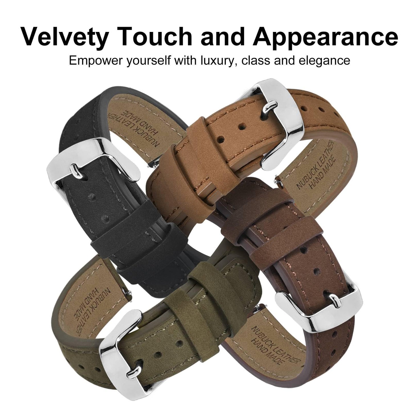 WOCCI 19mm Retro Leather Watch Band for Men and Women, Quick Release Replacement Strap with Silver Buckle (Black)