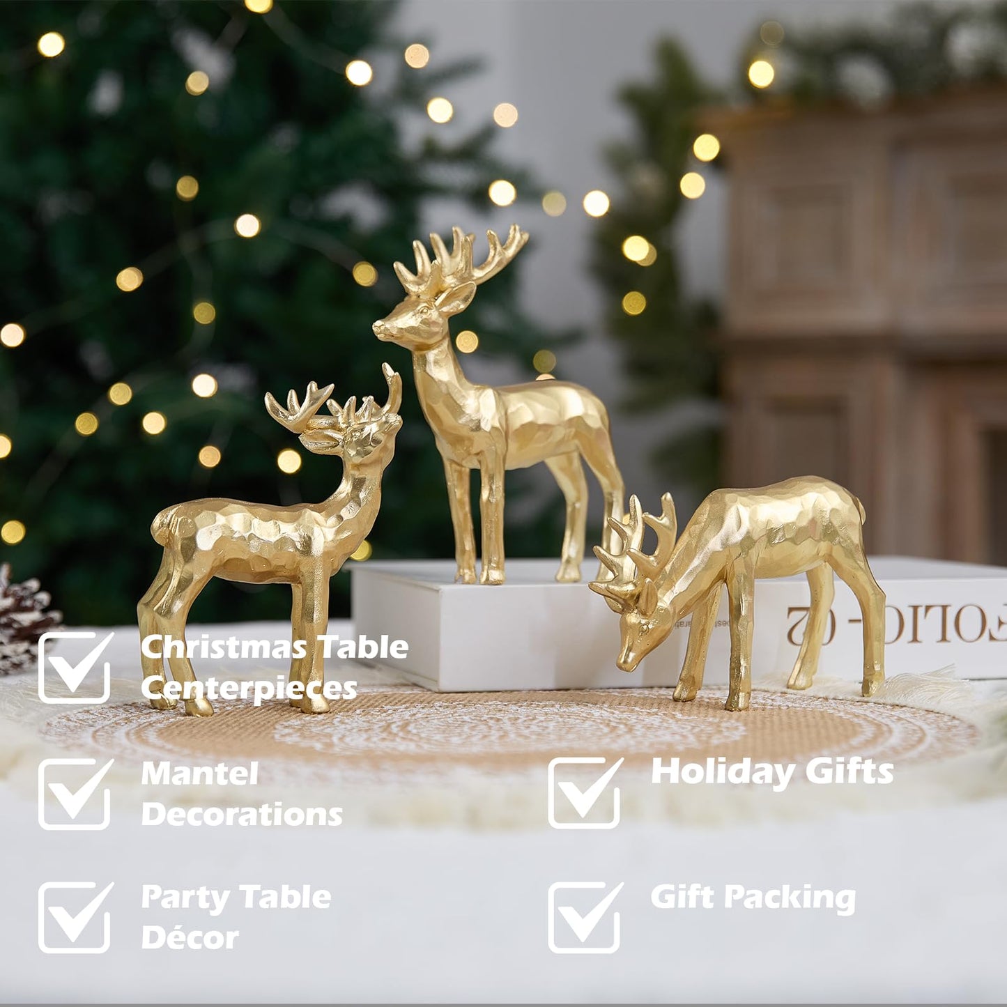 yumhum 3pcs Resin Reindeer Figurines for Christmas Decor Gold Tabletop Reindeer Statues Small Decorative Deer Figurines for Indoor Christmas Tabletop Mantle Decorations