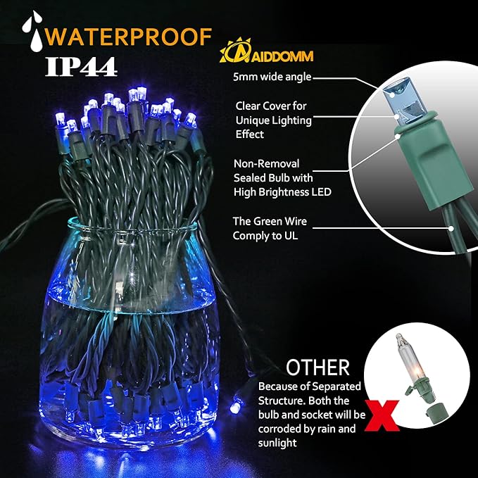 100 Count Blue LED Christmas Lights 50ft 5mm Blue, Waterproof, Indoor/Outdoor, UL, IP65