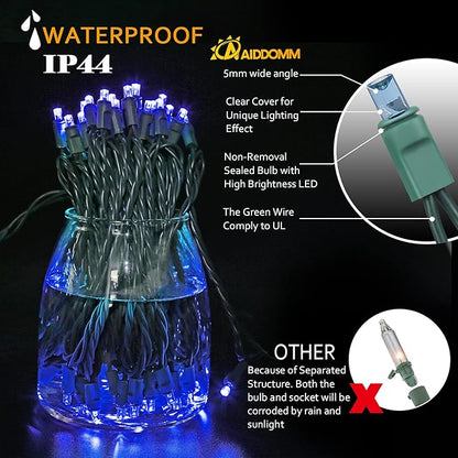 100 Count Blue LED Christmas Lights 50ft 5mm Blue, Waterproof, Indoor/Outdoor, UL, IP65