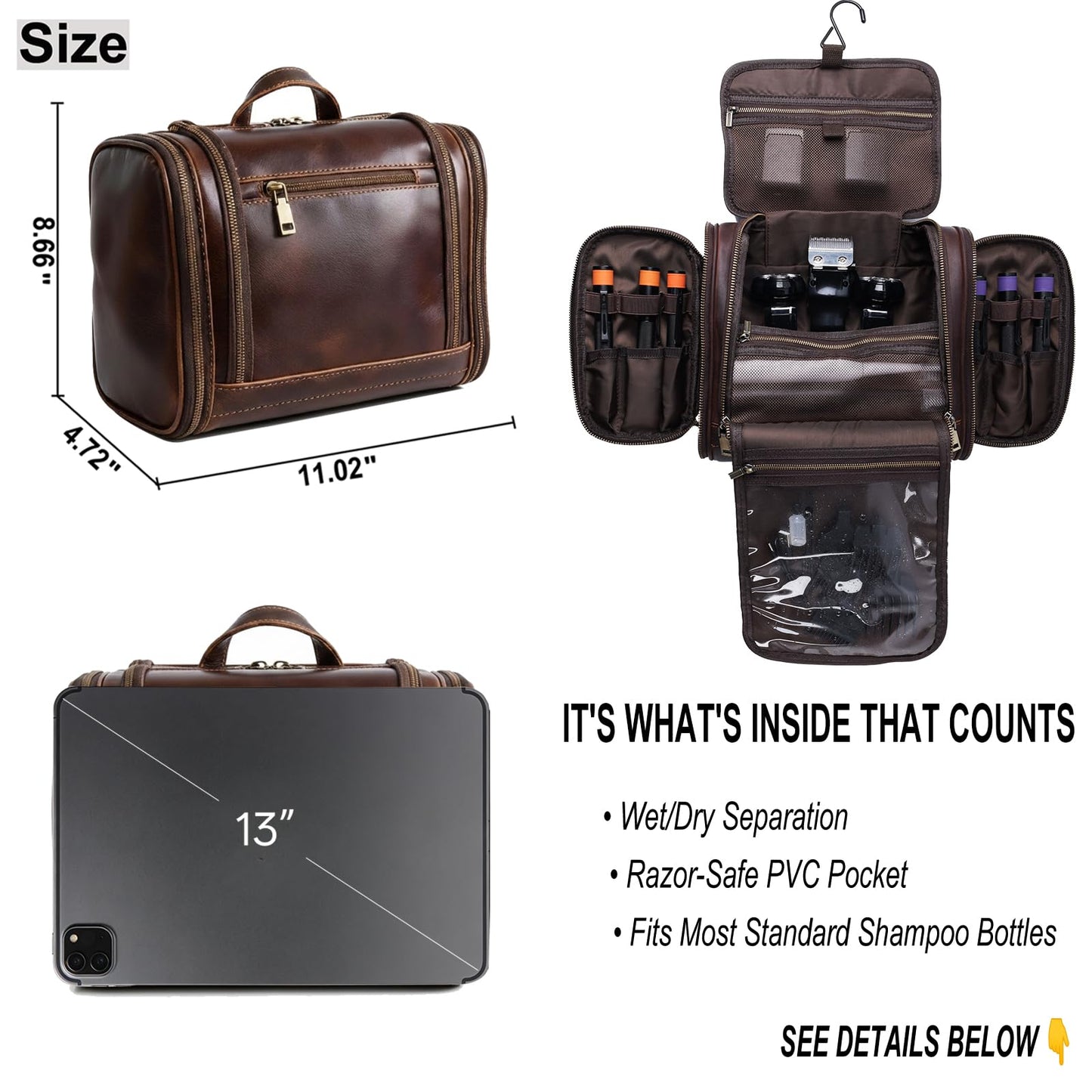 Personalized Leather Toiletry Bag for Men Women, Genuine Leather Toiletries Organizer, Travel Hanging Large Bathroom Shaving Kit, Gift Ideas for Groomsmen, Dad, Husband, Boyfriend, Birthday, Christmas