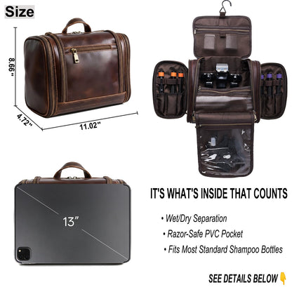 Personalized Leather Toiletry Bag for Men Women, Genuine Leather Toiletries Organizer, Travel Hanging Large Bathroom Shaving Kit, Gift Ideas for Groomsmen, Dad, Husband, Boyfriend, Birthday, Christmas