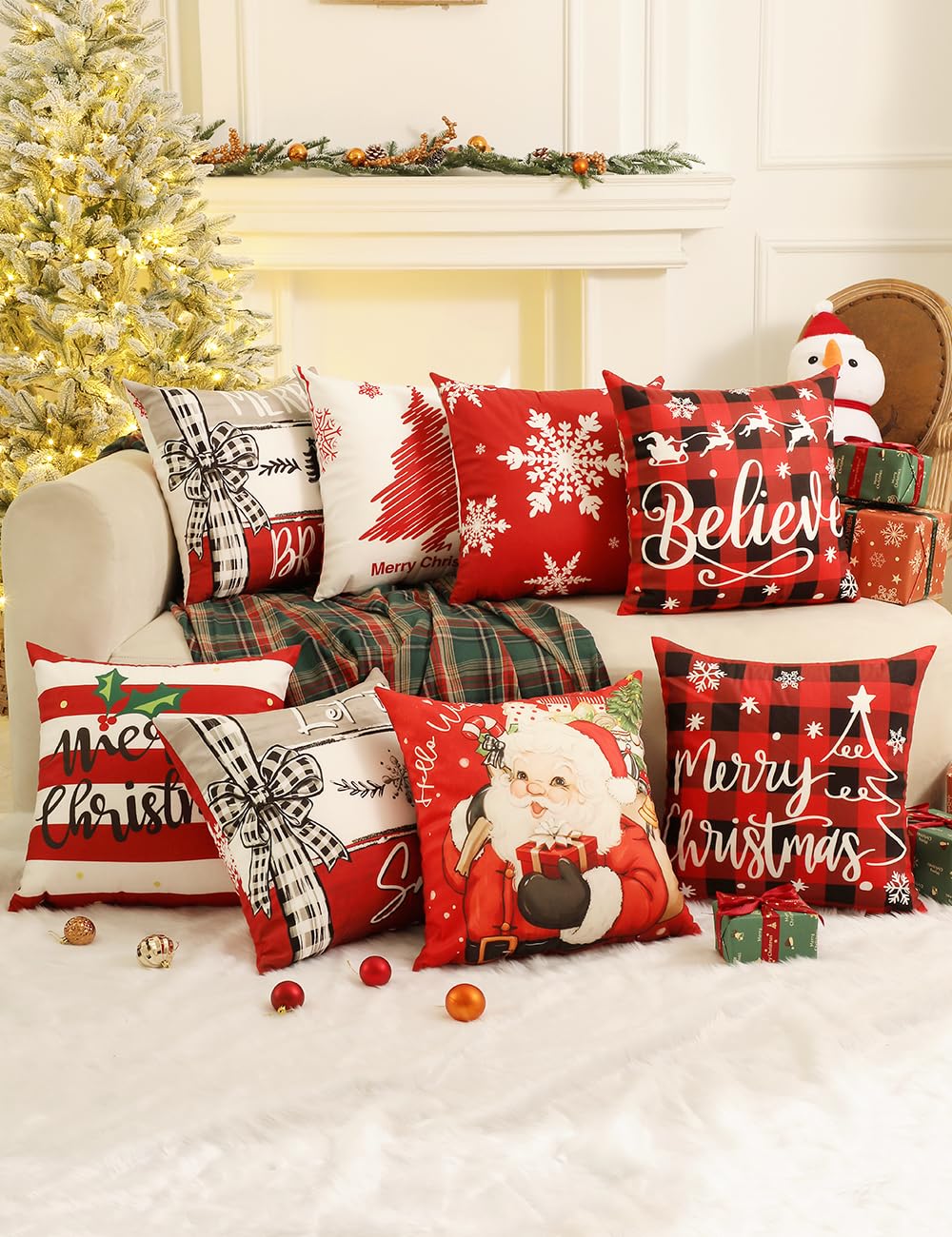 TOYPOPOR Christmas Decorations, Double Sided Throw Pillow Covers 18x18 Inches Set of 4, Christmas Tree, Snowflakes, Merry Christmas, Snowman Reindeer Cushion Case for Farmhouse Home Holiday Decor