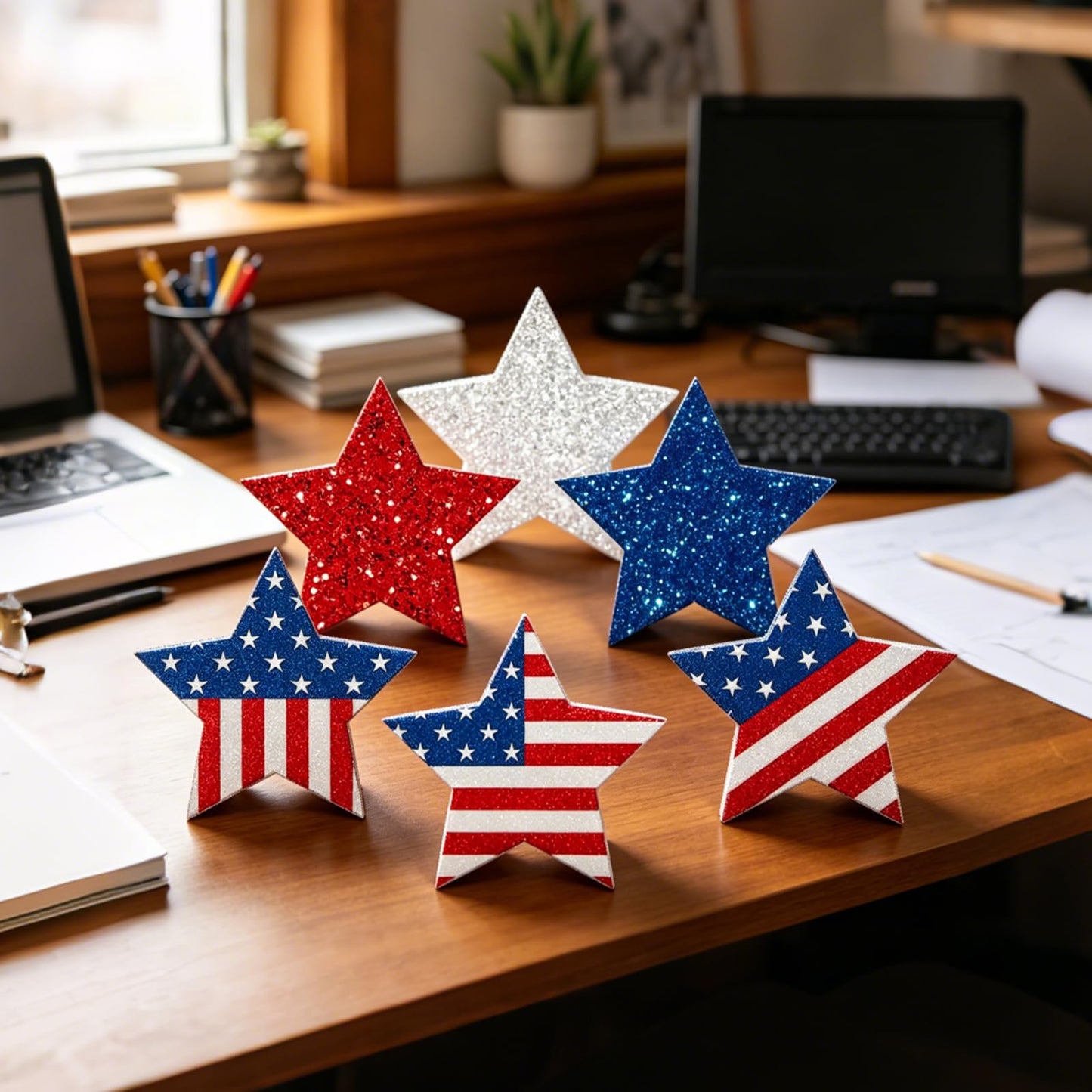 6 Pcs 4th of July Decorations Patriotic Wooden Star Signs Red White Blue Memorial Day Tiered Tray Decor Americana Table Home Decor for Independence Day Shelf Kitchen Office