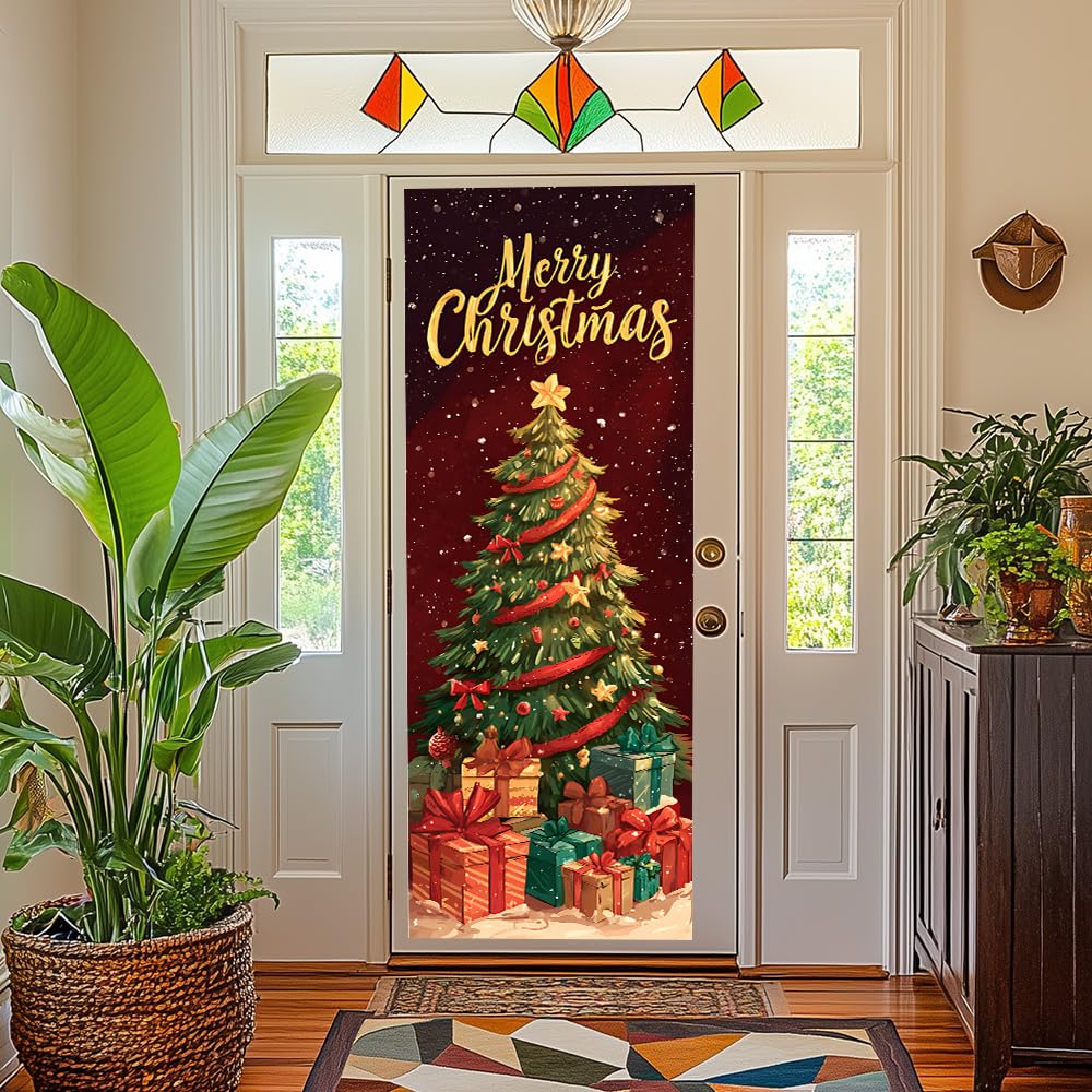 WDESYADMS 1PC Christmas Tree Door Sticker 30.3x78.7 Inch Self Adhesive PVC Peel and Stick Holiday Door Mural with Gift Boxes for Home Living Room Office Entrance Wall Art Decoration