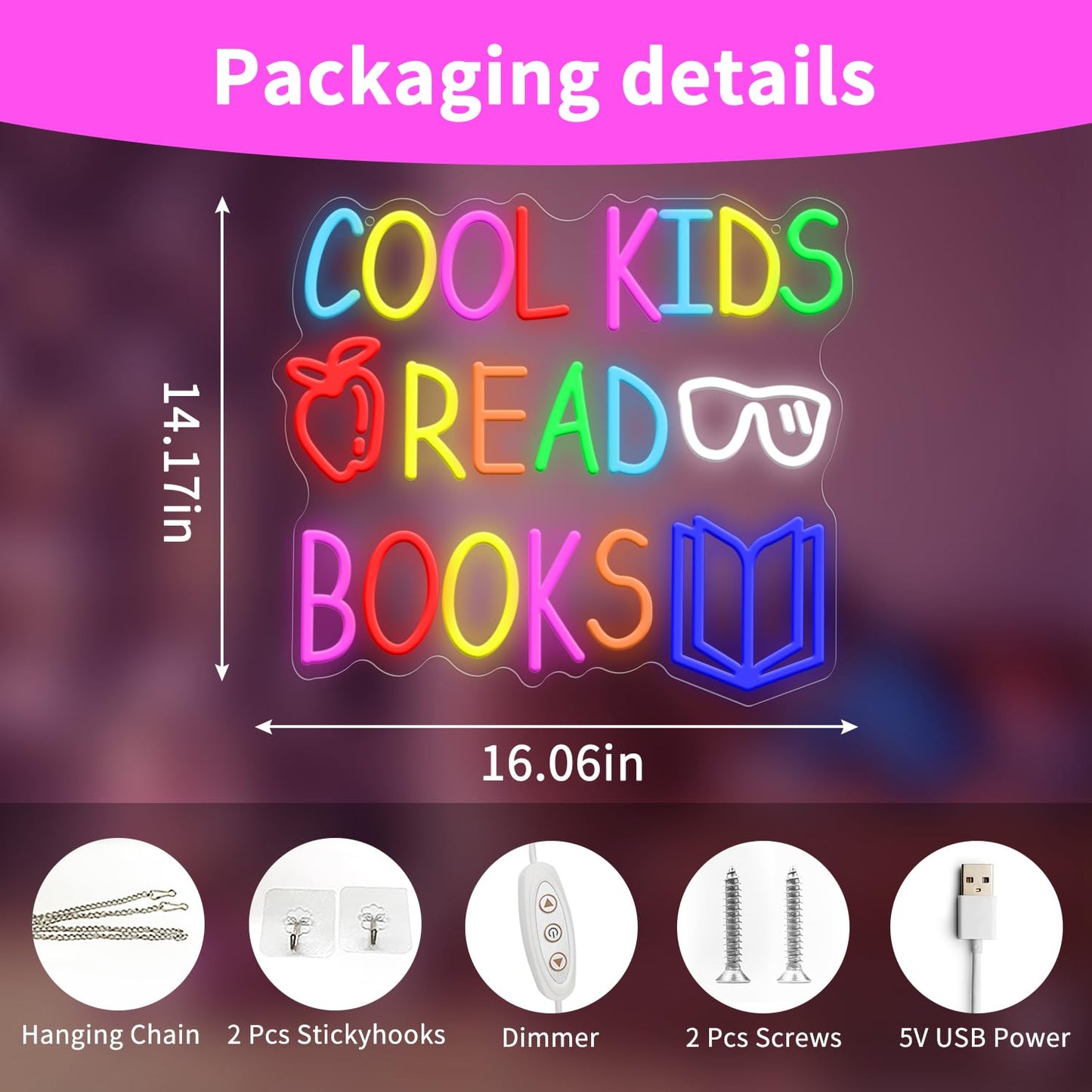 Cool Kids Read Books Neon Sign for Wall Decor, Reading Letter LED Neon Lights Library Neon Signs, Kids Room Reading Corner Classroom Christmas Bedroom Decoration 16.06 x 14.17 inch