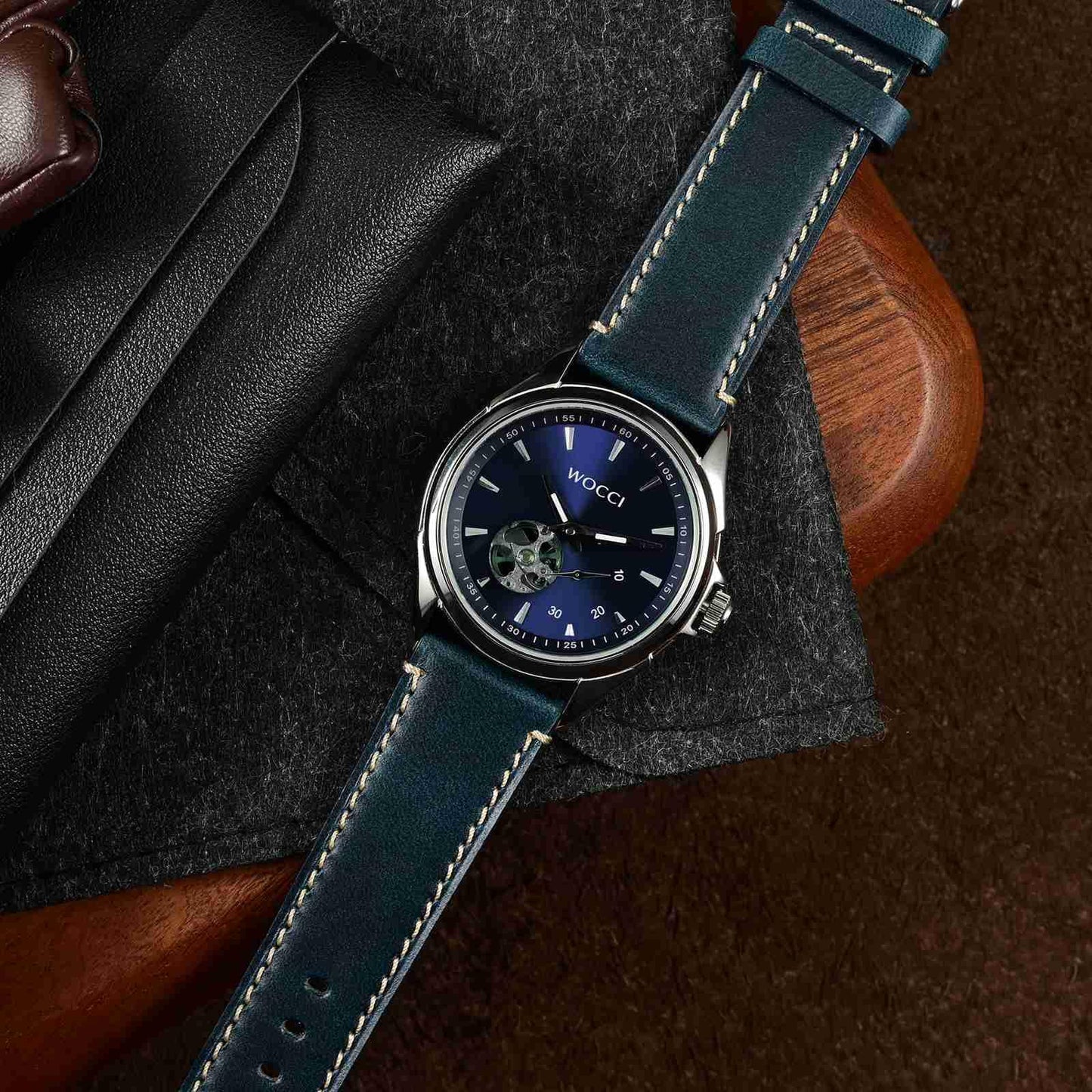 WOCCI 20mm Watch Band, Pull Up Leather, Polished Silver Buckle (Midnight Blue)