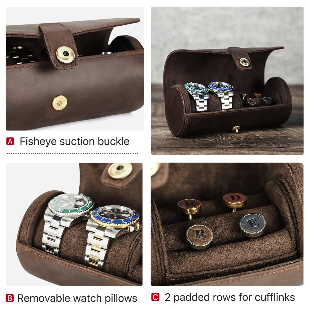 CONTACTS Full Grain Leather Watch Case Cufflink Box with Pad Tie Case Travel Multifunction Jewelry Accessories Organizer Storage Roll