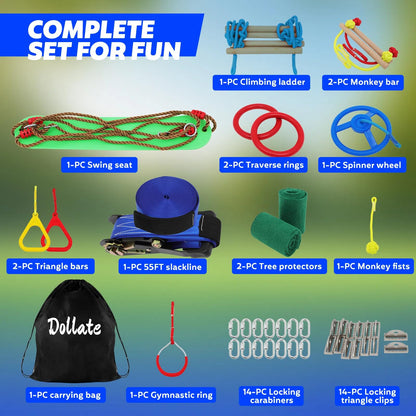 Dollate Ninja Warrior Obstacle Course for Kids - 65 FT, Outdoor Obstacle Course 13 Accessories, Swings, Monkey Bars, Arm Trainers - Suitable for Boys and Girls 3+ - 440 lbs Capacity