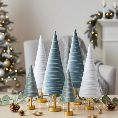 Hoolerry 6 Pcs Christmas Velvet Trees with Gold Pedestal Christmas Velvet Cones Tree Mantel Decor Modern Rustic Winter Home Minimalist for Holiday Entryway Table Wedding Centerpiece(Morandi)