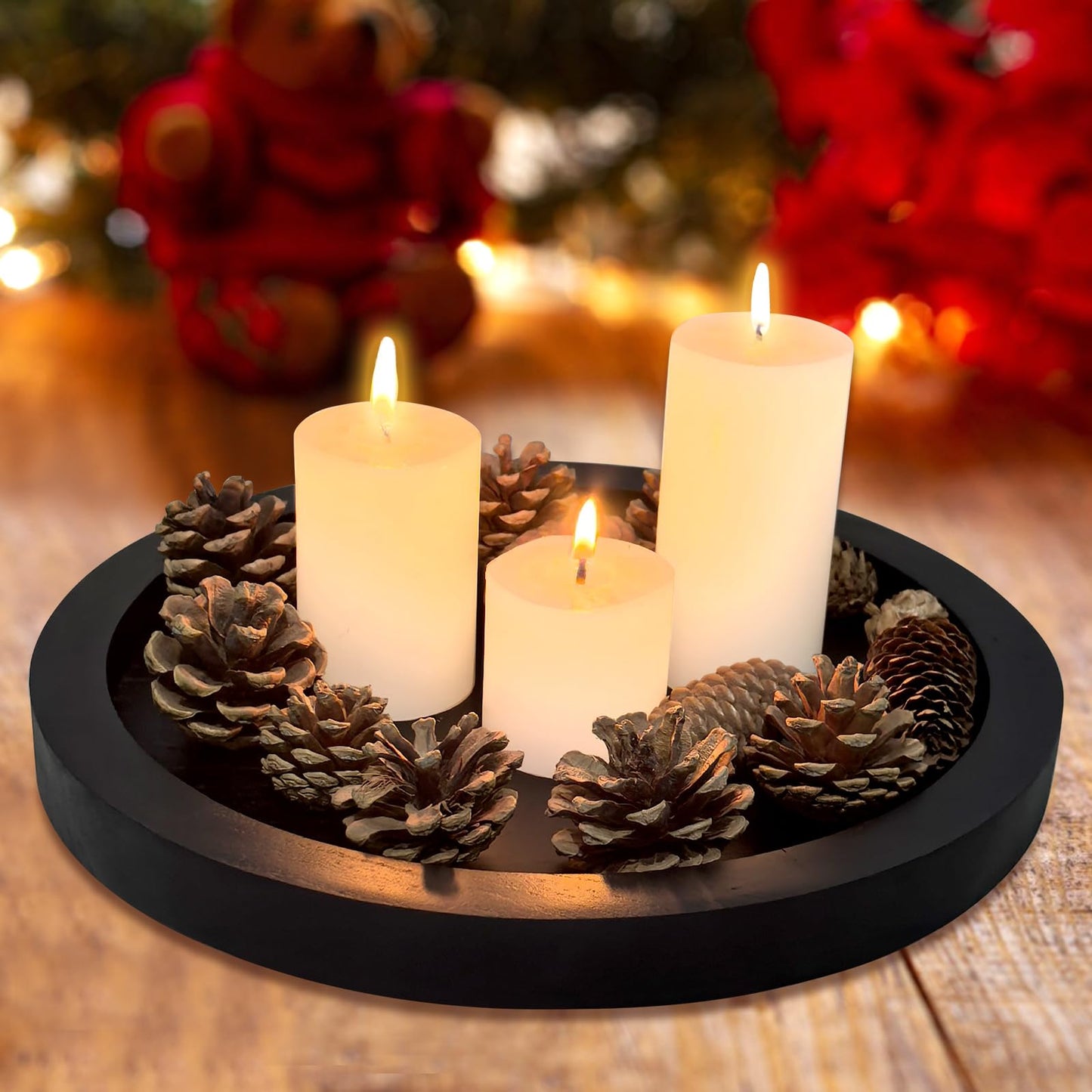 Rustic Decorative Wooden Serving Tray Home Decor Round Ottoman Coffee Table Trays Farmhouse Living Room Dinner Table Centerpiece Accessories Wood Candle Holder Tray for Kitchen Counter Bathroom Vanity