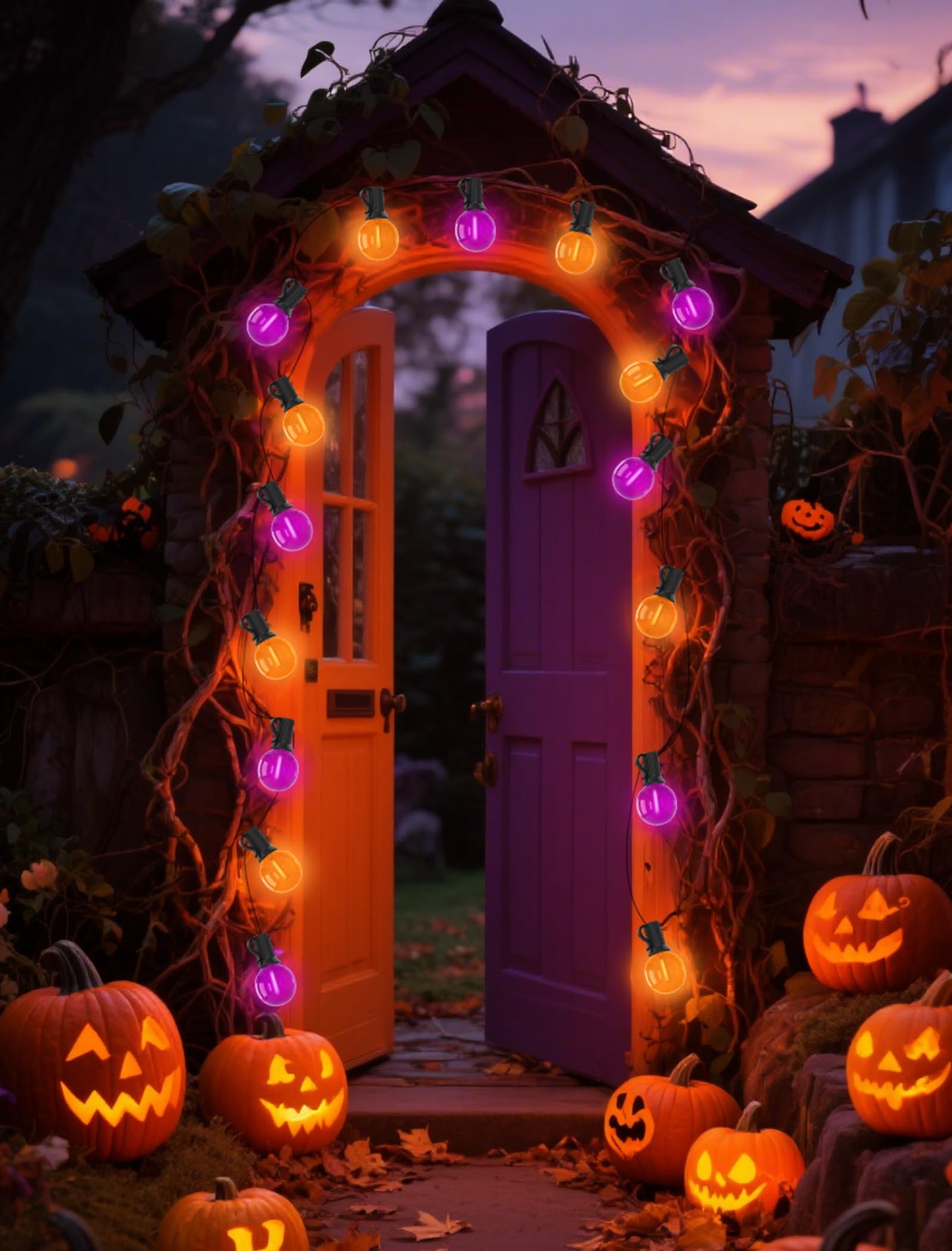 25FT Halloween String Lights Outdoor Plug-In, 25 G40 LED Bulbs & 2 Spare, E12 Base, 2700K Warm White, Shatterproof, Outdoor Halloween Decorations for Garden Patio Christmas, Clear Purple Orange
