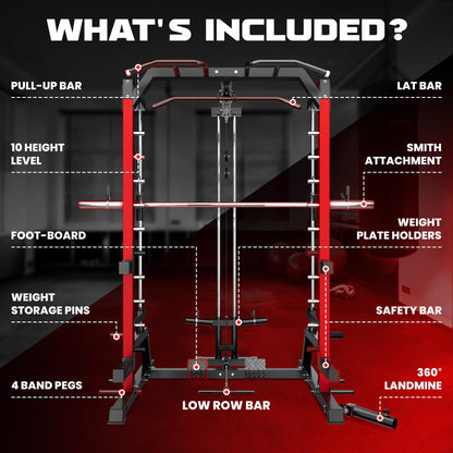 JELENS SR01 Smith Machine, 2000LBS Multi-Function Power Cage with LAT Pulldown System, All-in-One Home Gym Squat Rack with Smith Bar and Training Attachments (Red, SR01 Smith Machine)