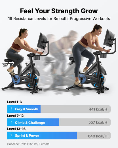 Merach Magnetic Exercise Bike with 21.5" HD Display & Auto Resistance, Low Noise Stationary Bike for Home with Comfortable Seat Cushion, Spinning Bike with Exclusive App