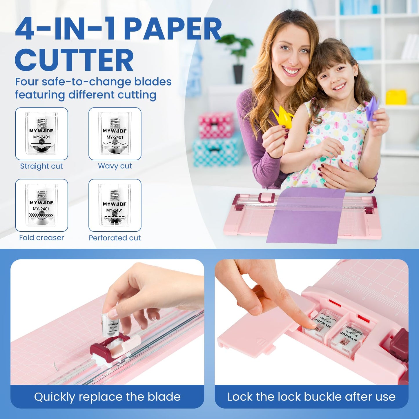 Pink Rotary Paper Trimmer, 12 Inch Guillotine Paper Cutter for Cardstock, Scrapbooking, Crafts, 4 Functions with 5 Blades, Safety Guard, Side Ruler for Coupons, Photos, Labels