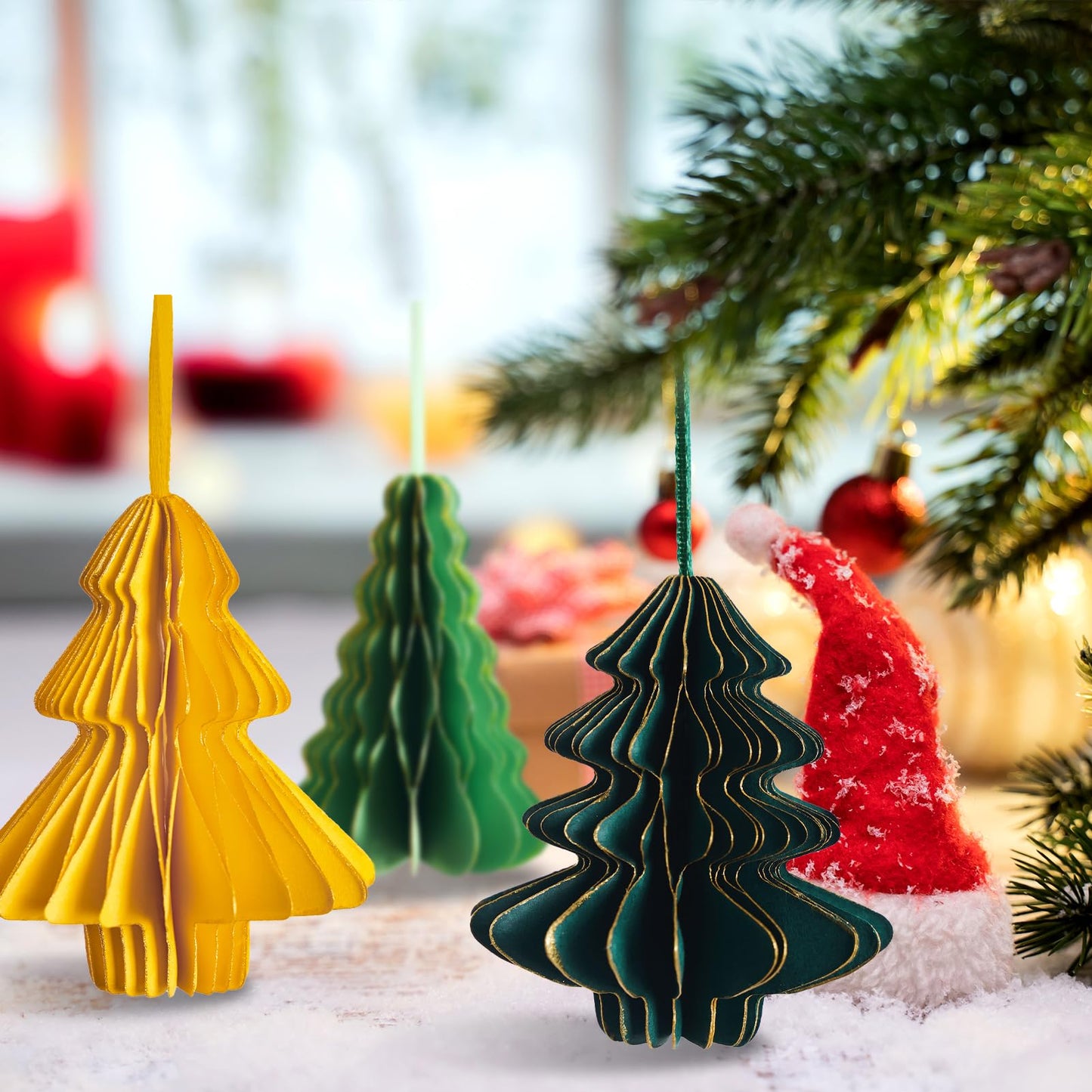 OBBOLO Paper Christmas Tree Ornaments, Red and Green Xmas Party Decorations, 6PCS 3D Mini Glitter Edges Paper Honeycomb Ornaments for Xmas, New Years, Holiday Home Decor