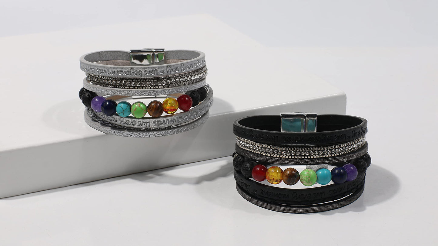 Vercret Leather Wrap Bracelet for Women - Lava Stone Chakra Multi-Layer Bracelets Magnetic Clasp Bangle Cuff Stacked Bracelet for lady and Mother