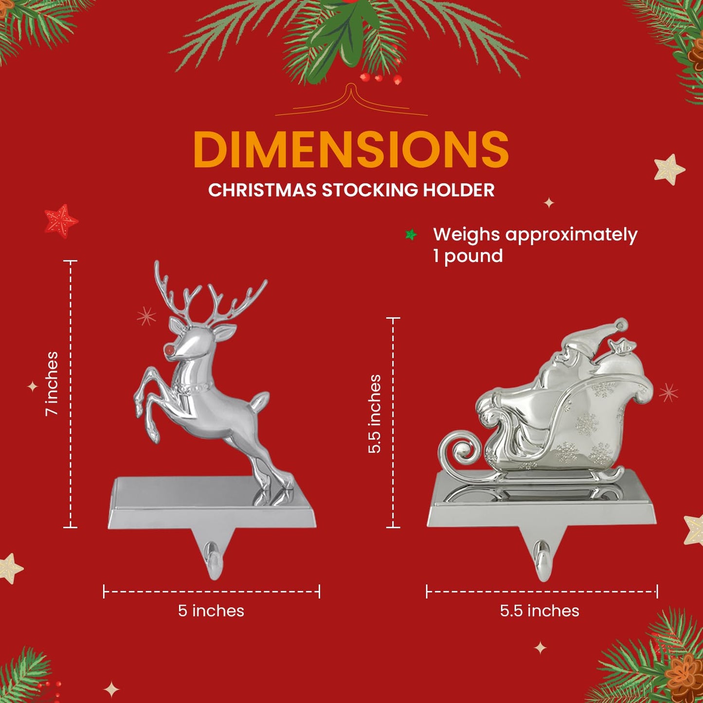 K9King Christmas Stocking Holder Set of 4 - Santa’s Sleigh Rudolph The Red Nose Reindeer Christmas Decorations Decorative Metal Hanger for Stockings Holiday Mantle Decor