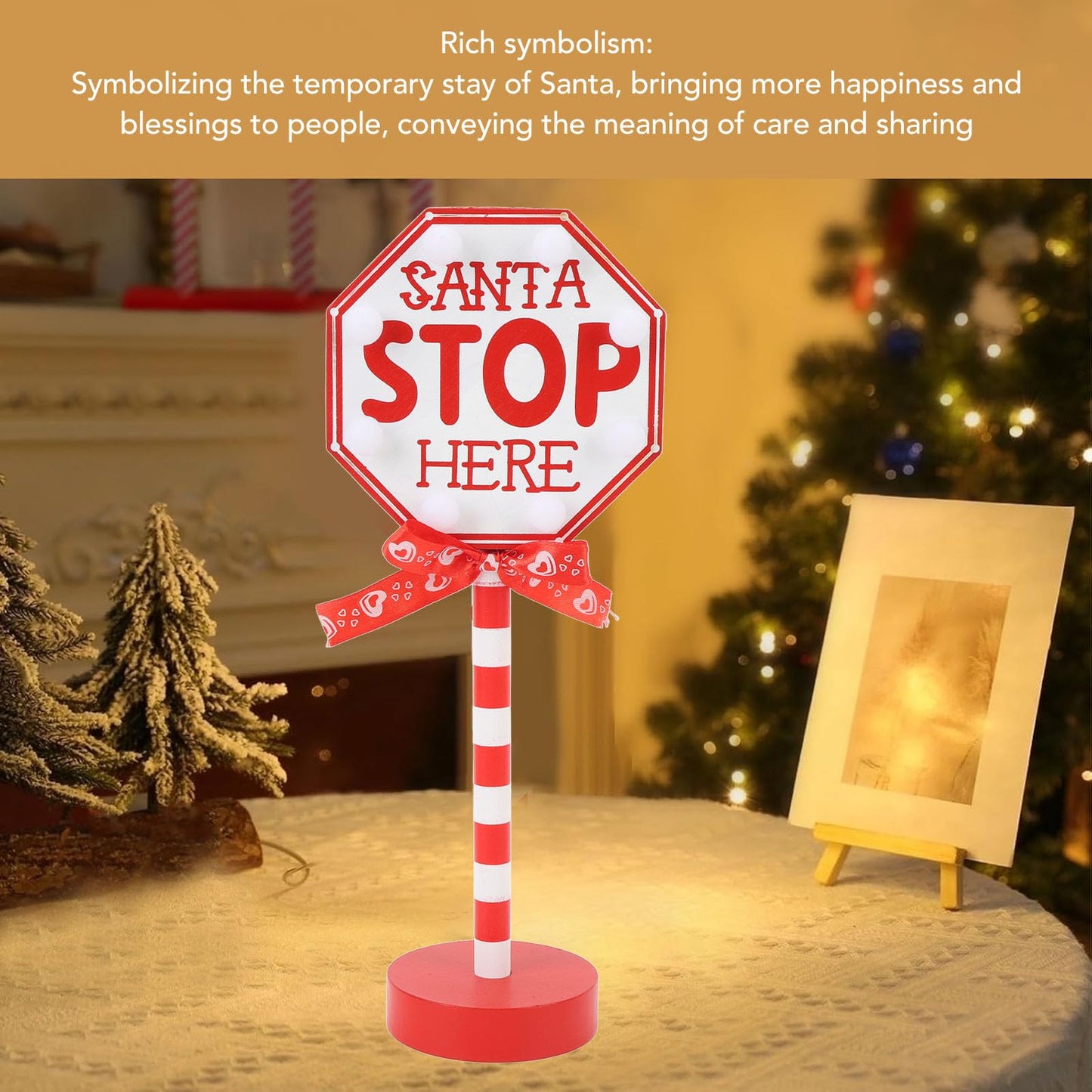 NOENNULL Light Up Santa Stop Here Sign, Santa Stop Here Pole Sign with LED Warm Light Wooden Xmas Desktop Battery Operated Xmas LED for Indoor Holiday Party Fireplace Decoration
