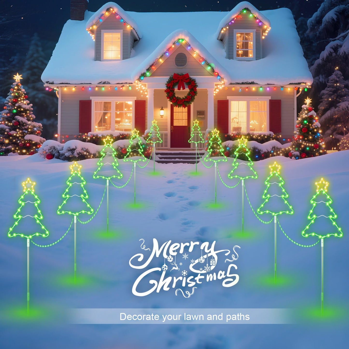 5 Pack 39.4'' Higher Christmas Tree Pathway Lights 250LEDS Outdoor Decorations, Bigger 13.8" Christmas Tree Sign w/ 8 Modes Lighting Waterproof Stake Lights for Xmas Festive Outside Garden, Yard Decor