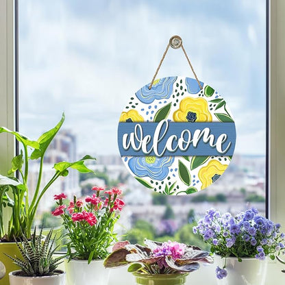 Welcome Spring Summer Flower Front Door Sign, Blue Yellow Floral Wood Door Hanger Outdoor Outside Porch Decor, Seasonal Farmhouse Wooden Wreath Indoor Wall Hanging Decoration