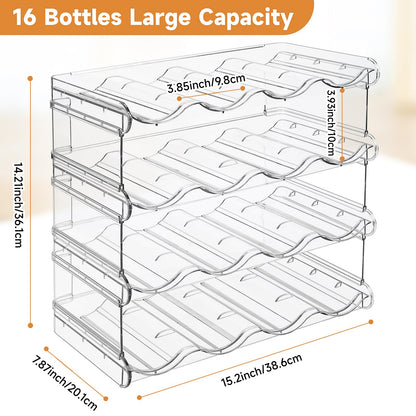 Stackable Water Bottle Organizer, Large Compartment Water Bottle Holder, 4 Tier Clear Water Bottle Organizer for Cabinet, Bottle Rack for Kitchen Organization and Storage - Hold 16 Bottles