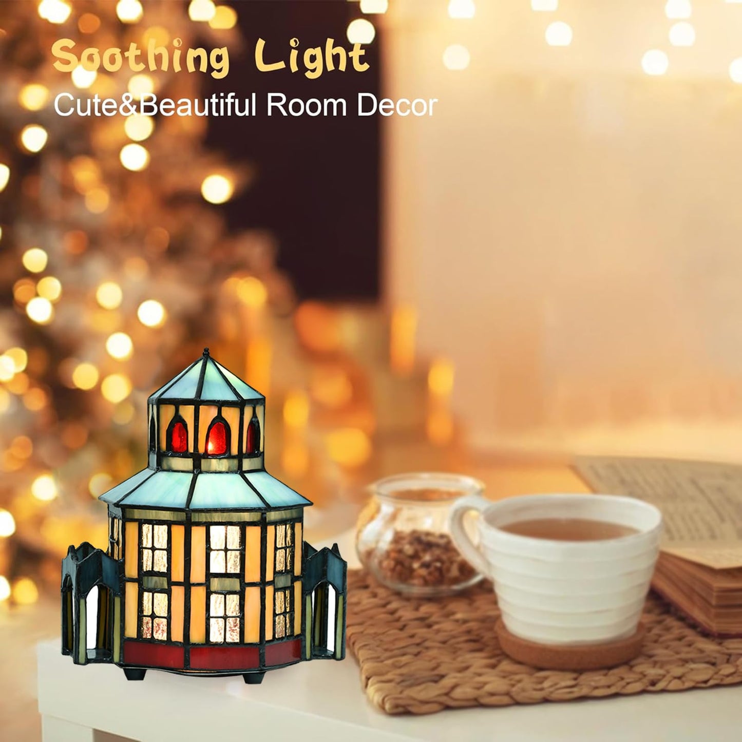 HomeBeauty A0005 Tiffany Lighthouse Lamp Stained Glass LED Accent Table Lamp, Christmas Table Decorations for Living Room Tabletop Party, 6" W x 8" H, LED and Remote Control Included (Opera House)
