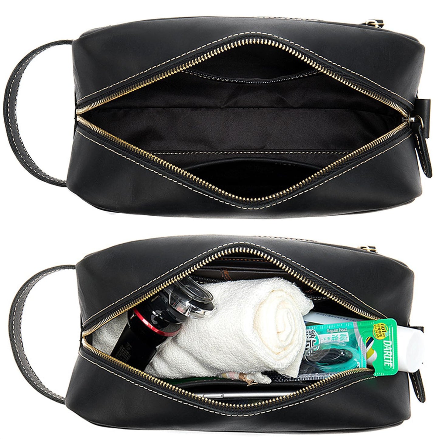 Full Grain Genuine Leather Zipped Travel Toiletry Bag for Women Men Ladies Clutch Purse Wallet Shaving Bag Cosmetic Bag Dopp Kit Wristlet Organizer Holder Wrist Bag Pack Business Handbag Black