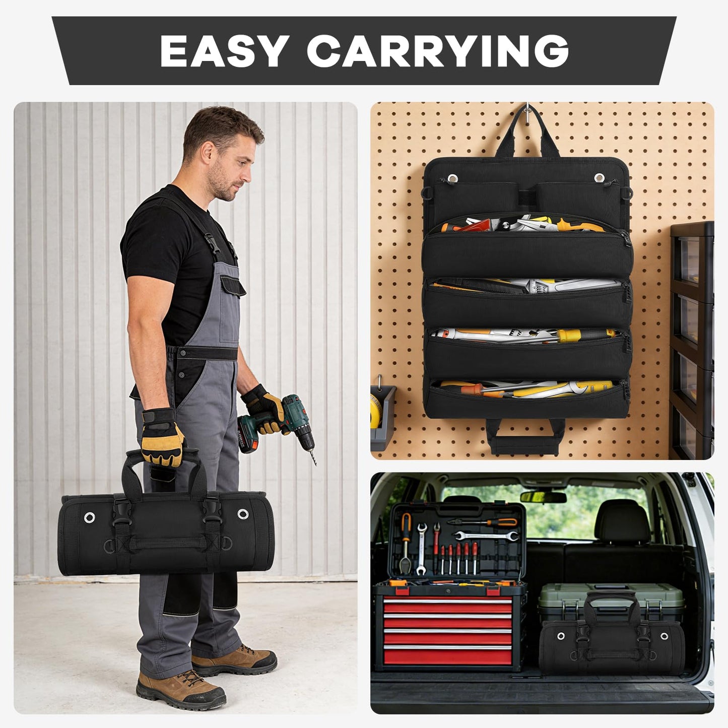ANILD Roll Up Tool Bag Organizer, Heavy Duty Portable Tool Roll Organizer Bag with 2 Detachable Pouches, Father’s Day Gift, Gifts for Men, Electrician, Mechanic& Hobbyist (Black, Large)