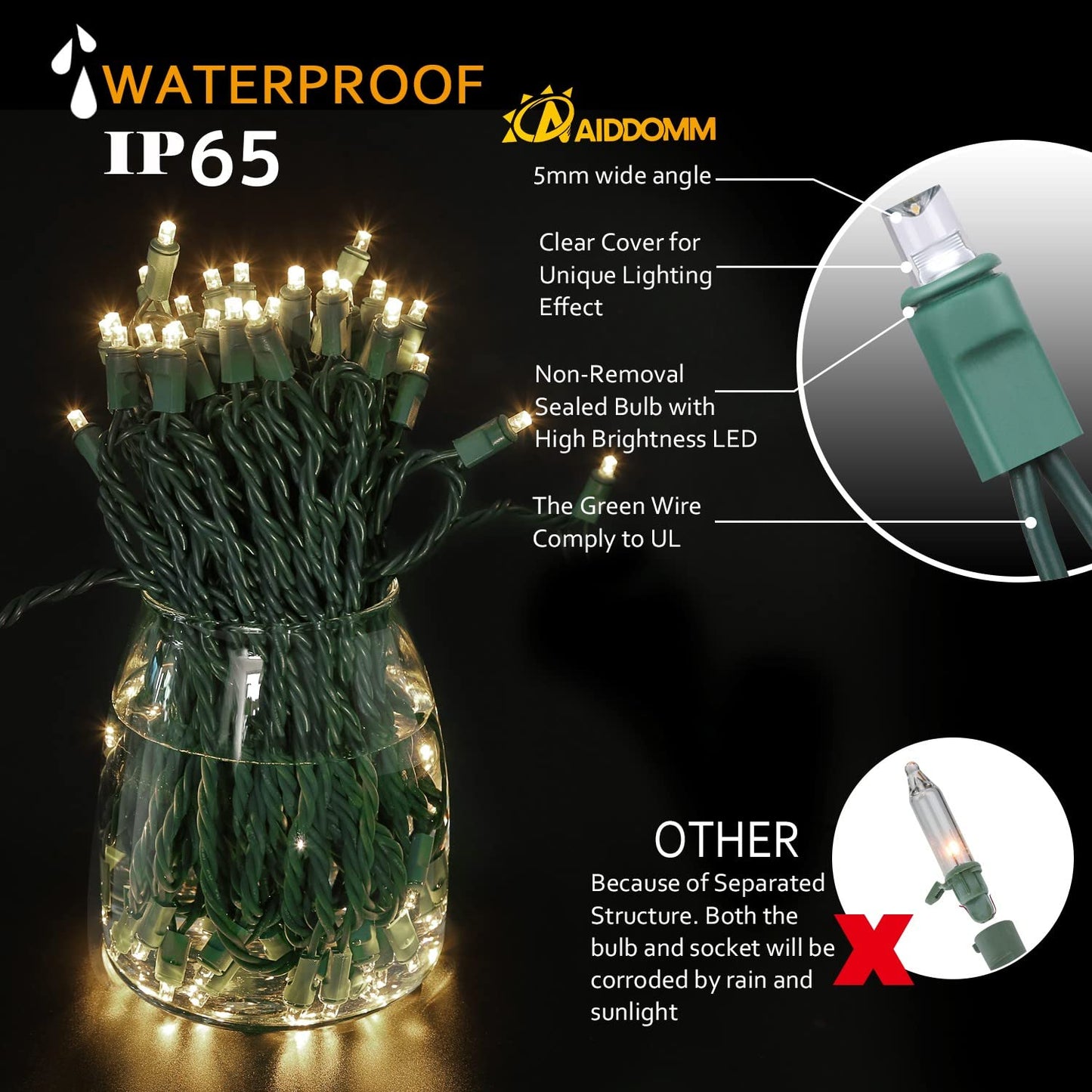 AIDDOMM Christmas Lights Warm White 50 Counts, Christmas Lights Outdoor Warm White Commercial Grade Waterproof IP65, 25Ft 5mm Outdoor Mini LED, Xmas for Tree