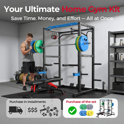 Sportsroyals Squat Rack, LAT Power Cage, Power Rack Multi-Function with Pulley System and Training Attachments for Home Gym