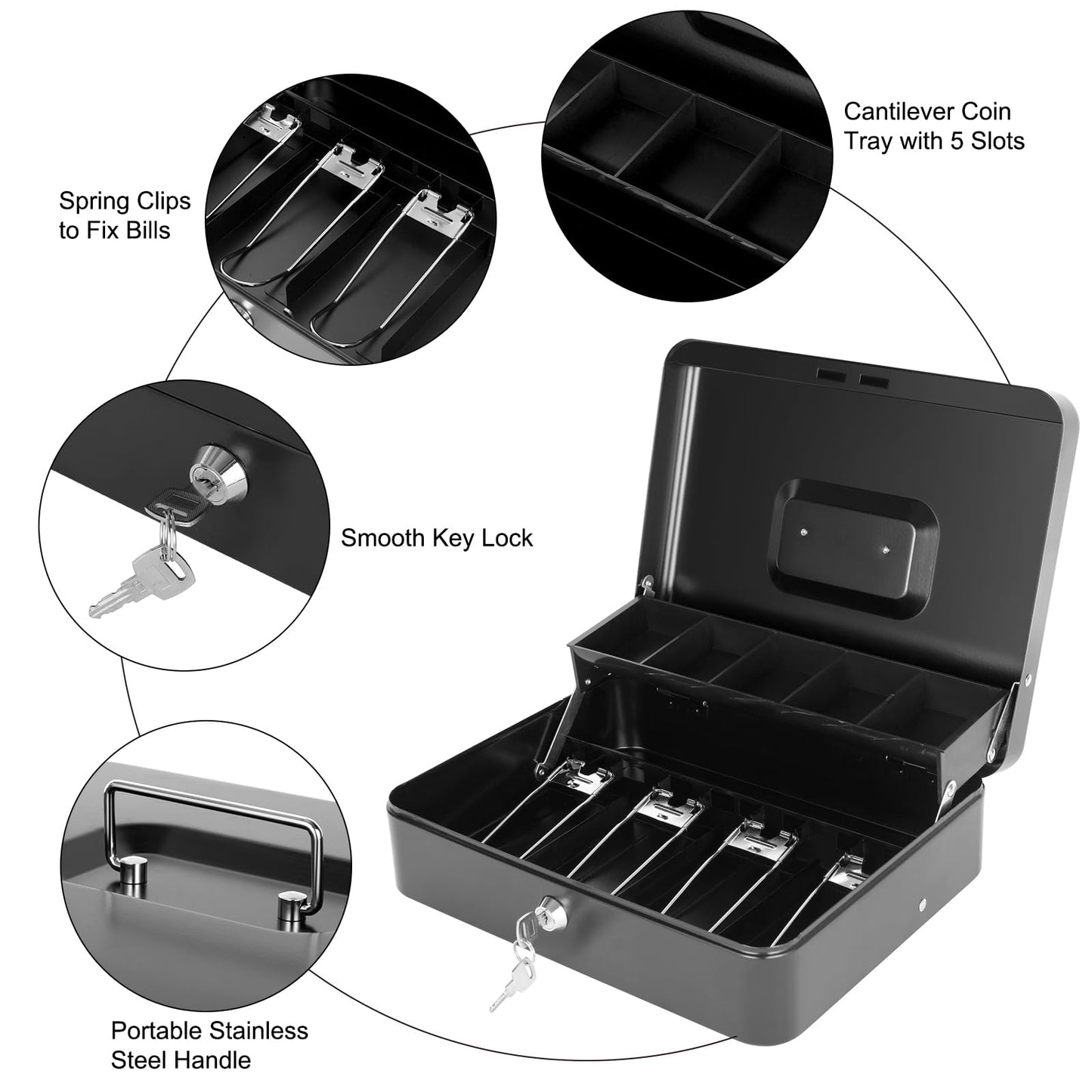 Cash Box with Lock Key and Money Tray - Large Money Box for Cash Register, Metal Lock Box for Money Safe 11.8" x 9.4" x 3.54" Black