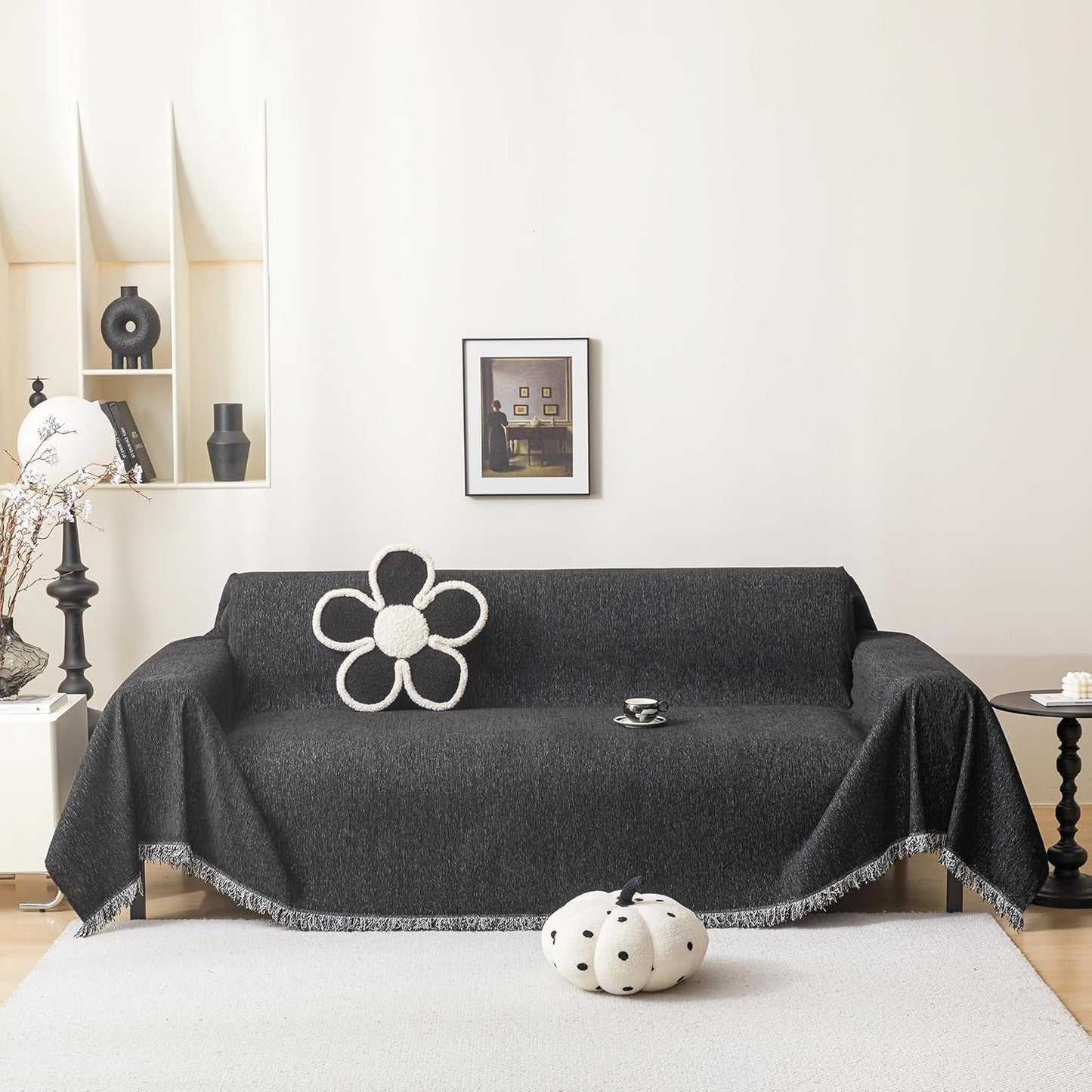 MEETSKY Washable Sofa Cover Black Sectional Couch Covers for 2 Cushion Couch Sofa Thick Universal Chenille Sofa Covers with Tassel Furniture Protector for Dogs, 71"x 102"