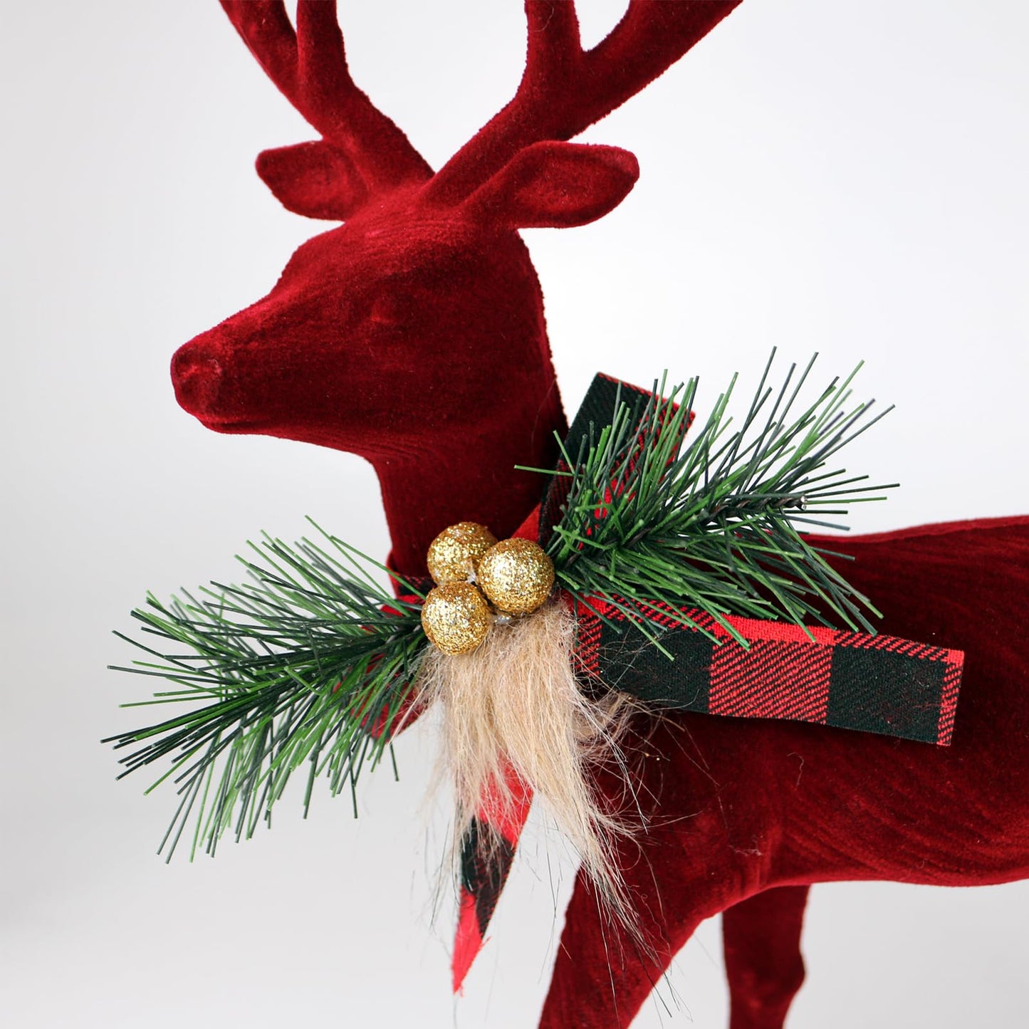 Lotus Hills 2 pcs Reindeer Christmas Decorations, Flocking Christmas Reindeer Figurines with Red Buffalo Plaid Bow, Deer décor Christmas Table Centerpieces Decorations