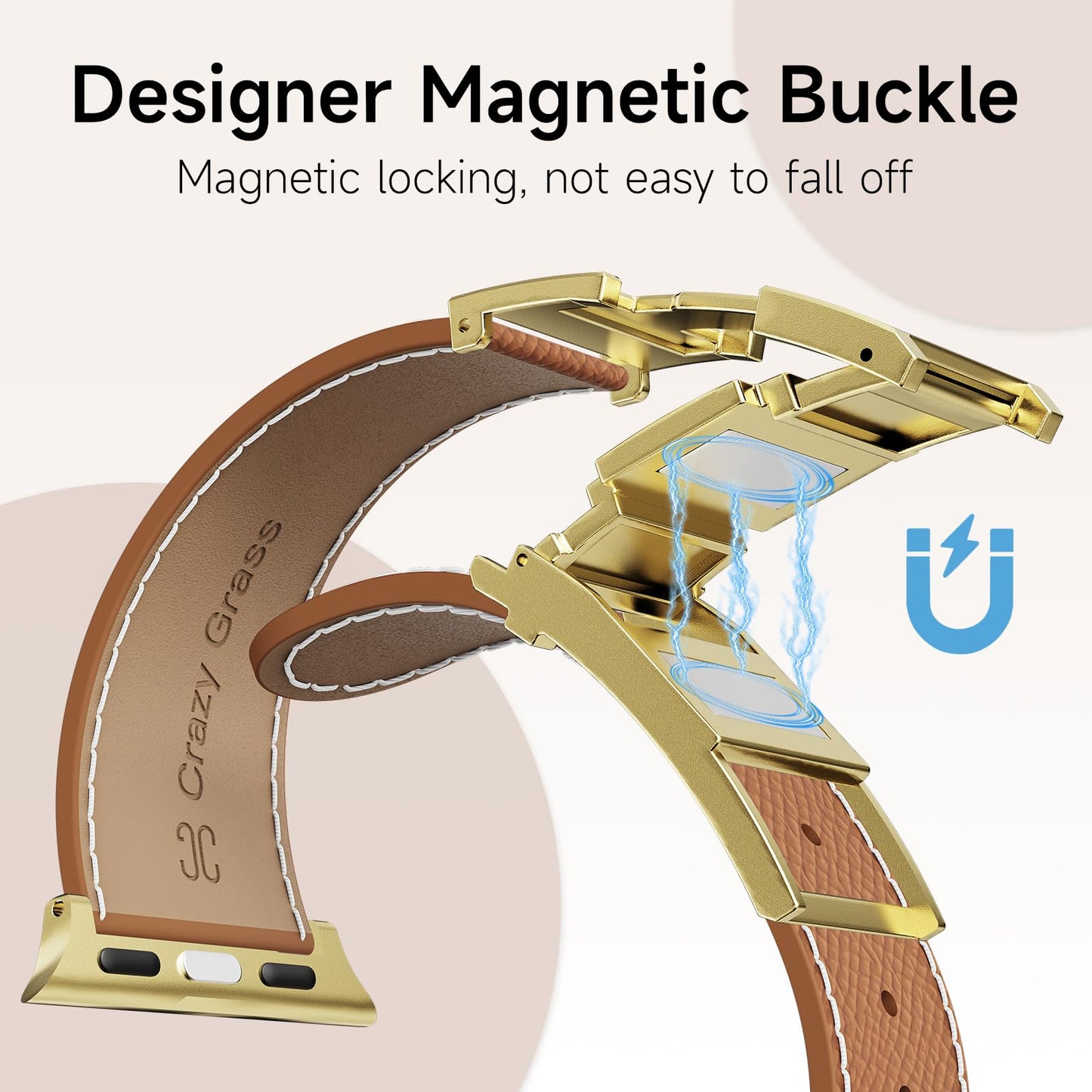 Leather Band Compatible with Apple Watch 49mm46mm45mm44mm42mm41mm 40mm38mm,Stylish Magnetic H Buckle Strap for iWatch Ultra 2/1/SE/Series 10/9/8/7/6/5/4/3/2/1 Women Men (Brown Band+Gold H Buckle, 38mm40mm41mm42mm)