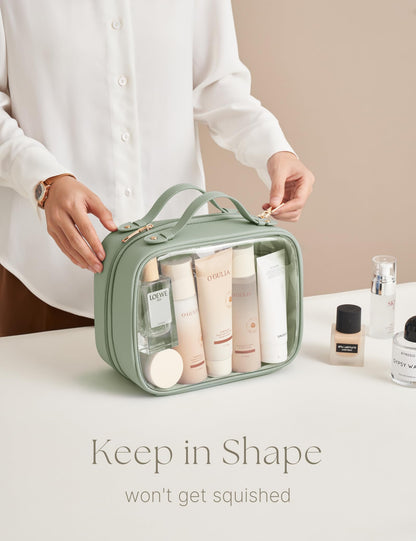Oaque Clear Cosmetic Bag Double Layer Travel Toiletry Bag White Makeup Bag Case with 4 Compartments, Transparent Travel Bag for Toiletries, Large Toiletry Bag for Women Cosmetic Case (Sage Green)