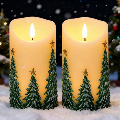 Christmas Tree LED Candles with 6H Timer, flameless Candles with Flickering Flame, Waxy Pillar 2 Pack Flickering Star Decor for Fall Christmas Decor (3 inches x 5.7 inches)