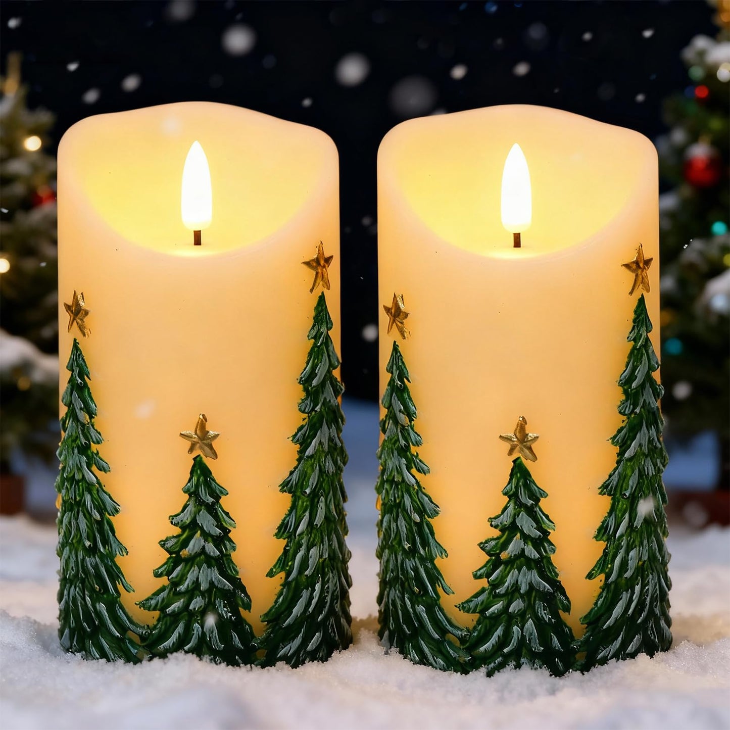 Lasumora Christmas Tree LED Candles with 6H Timer, flameless Candles with Flickering Flame, Waxy Pillar 2 Pack Flickering Star Decor for Fall Christmas Decor (3 inches x 5.7 inches)