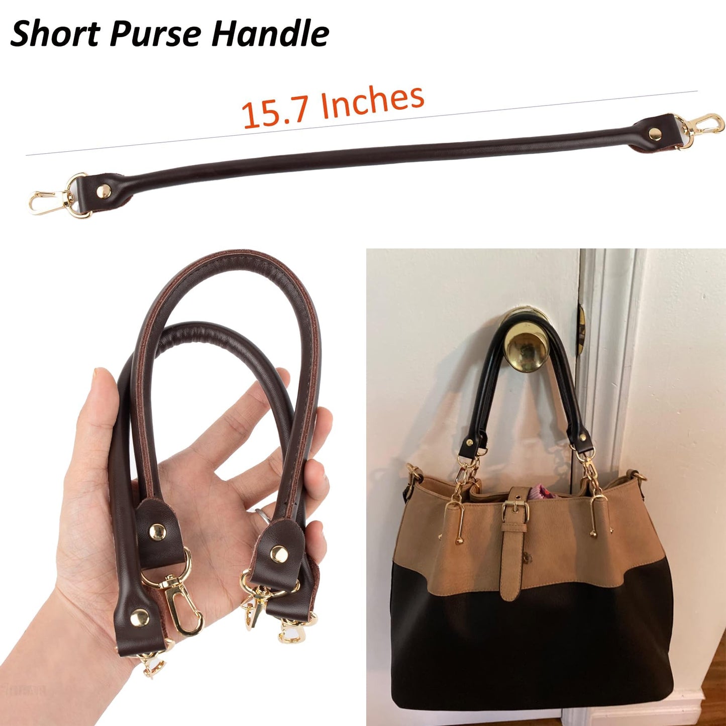 AUEAR, 2 Pack Purse Straps Replacement Leather Handbag Handles Dark Brown with Gold Metal Lobster Buckles
