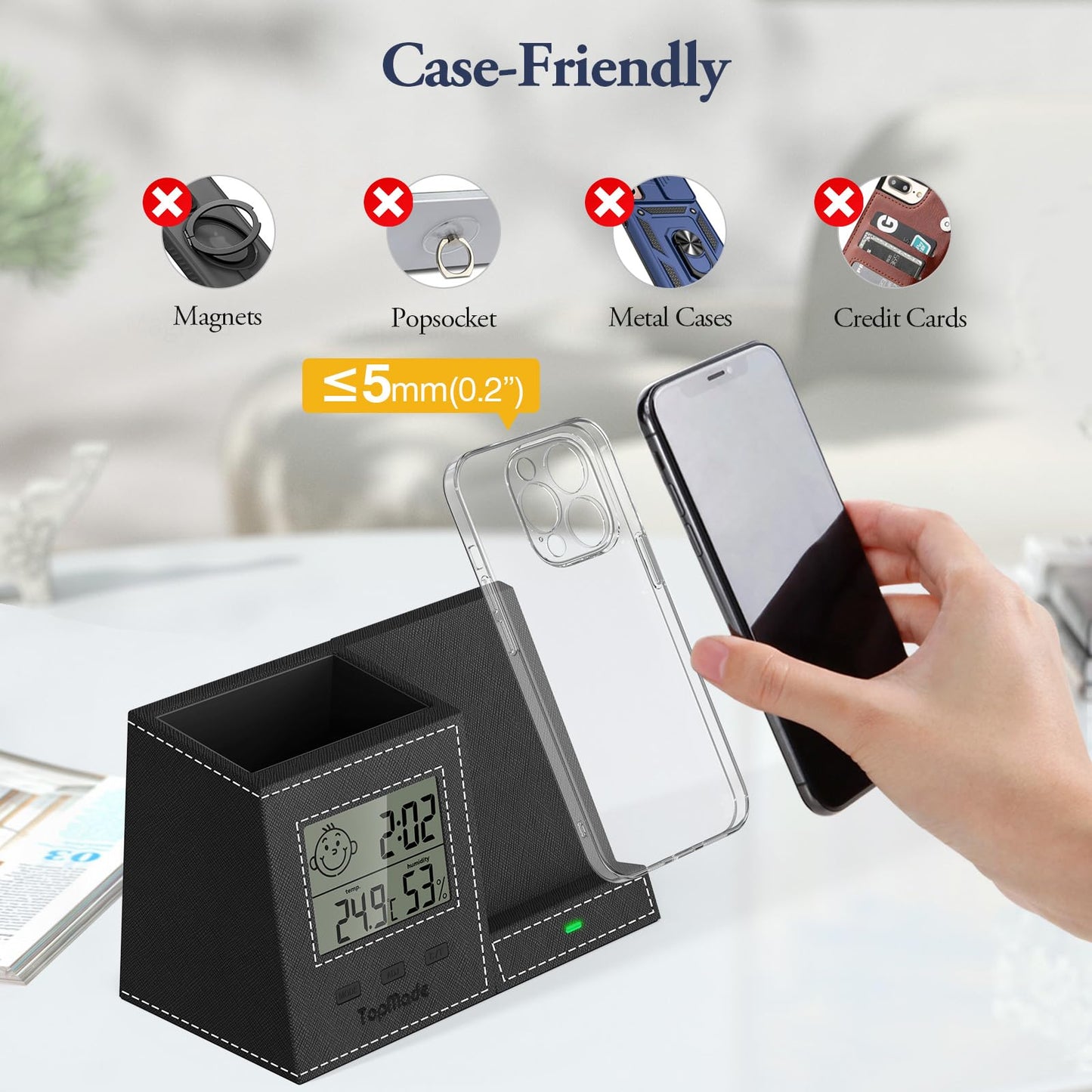 TopMade Wireless Charger with Pen Holder, Leather Desk Nightstand Organizer Home Office Supplies Pencil Holder Fast Charging Station, Digital Thermometer and Humidity Gauge Gifts for Men(Black)