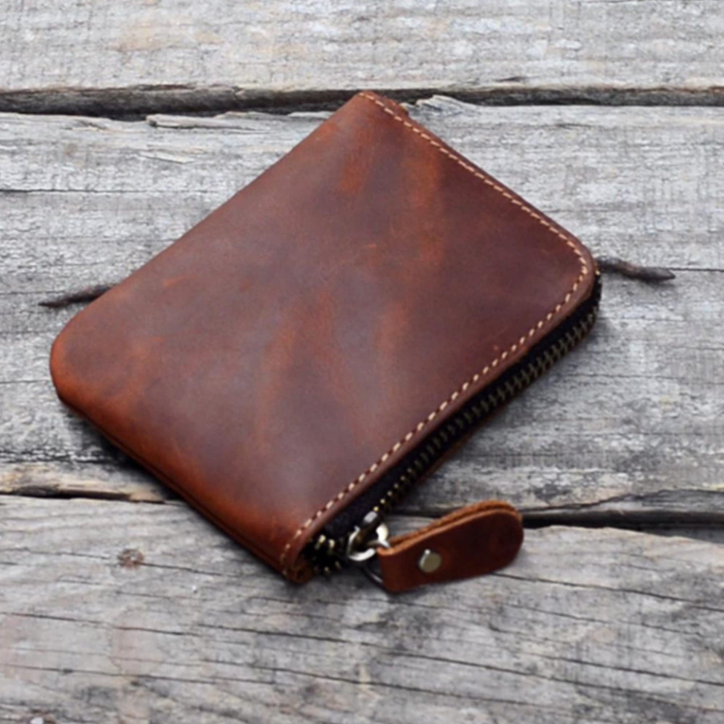 JJNUSA Genuine Leather Zipper Coin Purse Wallet With Key Car Smart Holder, Change Purse, Coin Pouch Holder For Men (Brown)